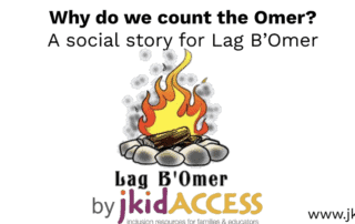 Screenshot of powerpoint slide that says, Why do we count the omer? A social story for Lag B'Omer. Underneath is a picture of a bonfire.