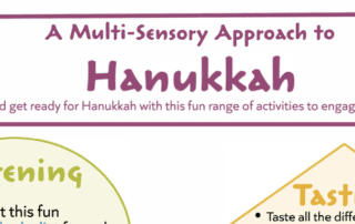 A screenshot of a pdf that says A Multi-sensory approach to Hanukkah. There are cut-off shapes with text within them underneath.