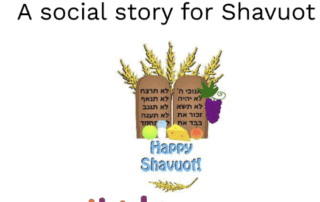 Screenshot of a pdf that says What is shavuot? a social sotry for shavuot. There is clipart of the ten commandments underneath.