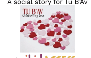 Screenshot of a pdf that says, What is Tu B'Av? A social story for Tu B'Av. underneath is a photo of a heart made out of smaller red, white, and pink hearts.