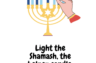 A screenshot from the guide. It shows a Hanukkah menorah with candles in each holder, and a hand lighting the shamash, the candle in the center. The caption says, Light the shamash, the helper candle, first.