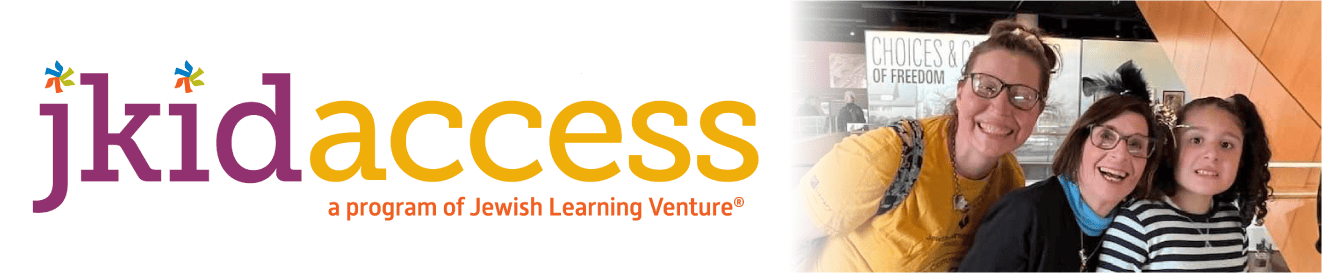 Website header that says jkidaccess: a program of Jewish Learning Venture on the left, and on the right, there is a photo of Gabrielle Kaplan-Mayer, director of whole community inclusion, suzanne gold, director of jkidaccess families, and a tween, all smiling together.
